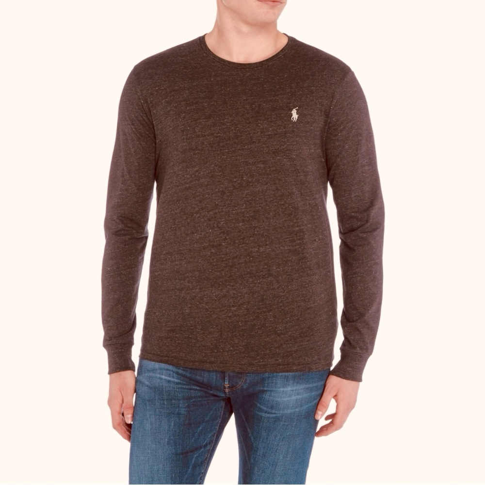 POLO RALPH LAUREN Men’s Heather Brown Custom Fit Long Sleeve Tee T-Shirt - Picture 3 of 16